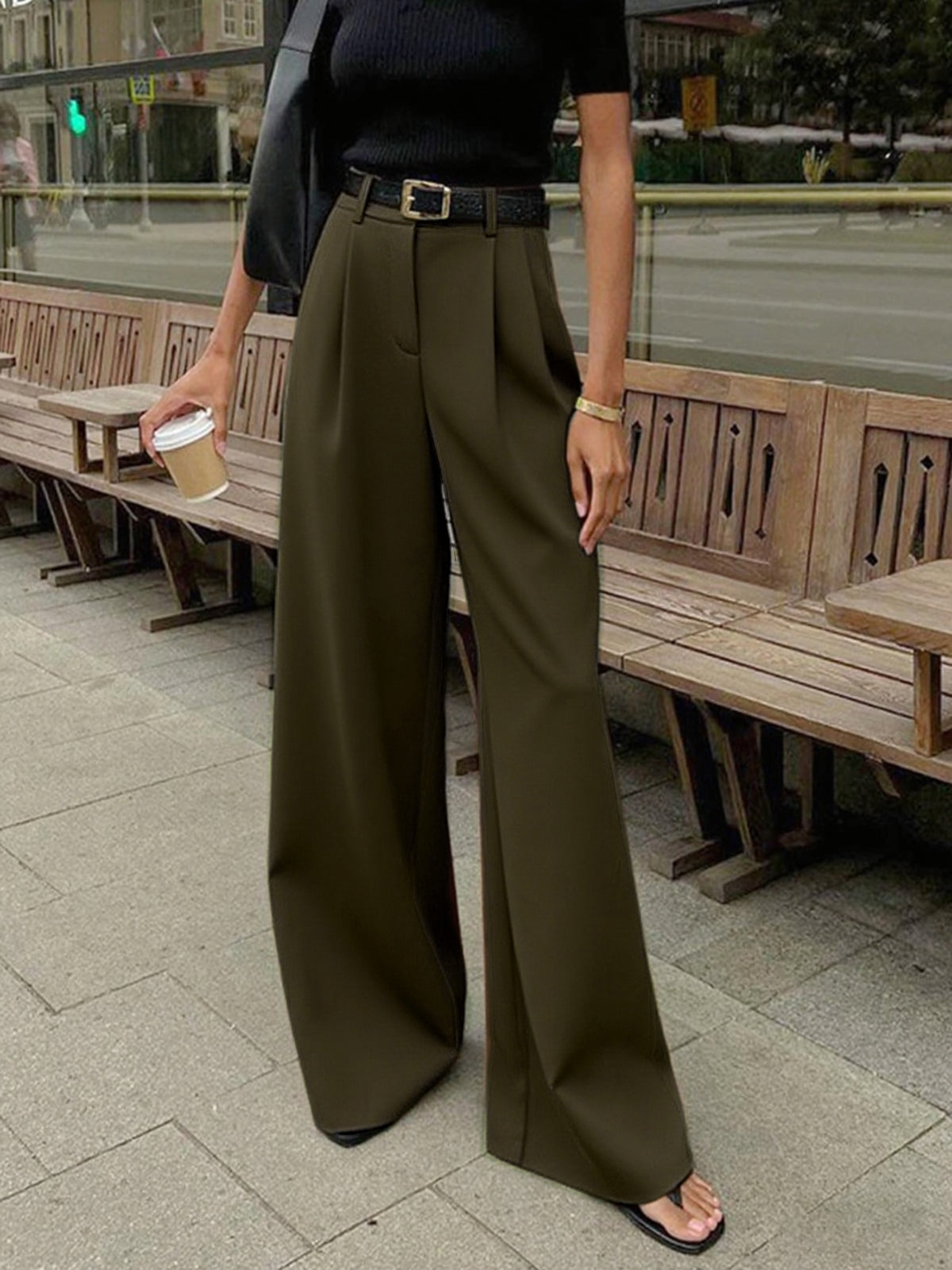 Ladies' high waist wide leg trousers with pleats and straight legs