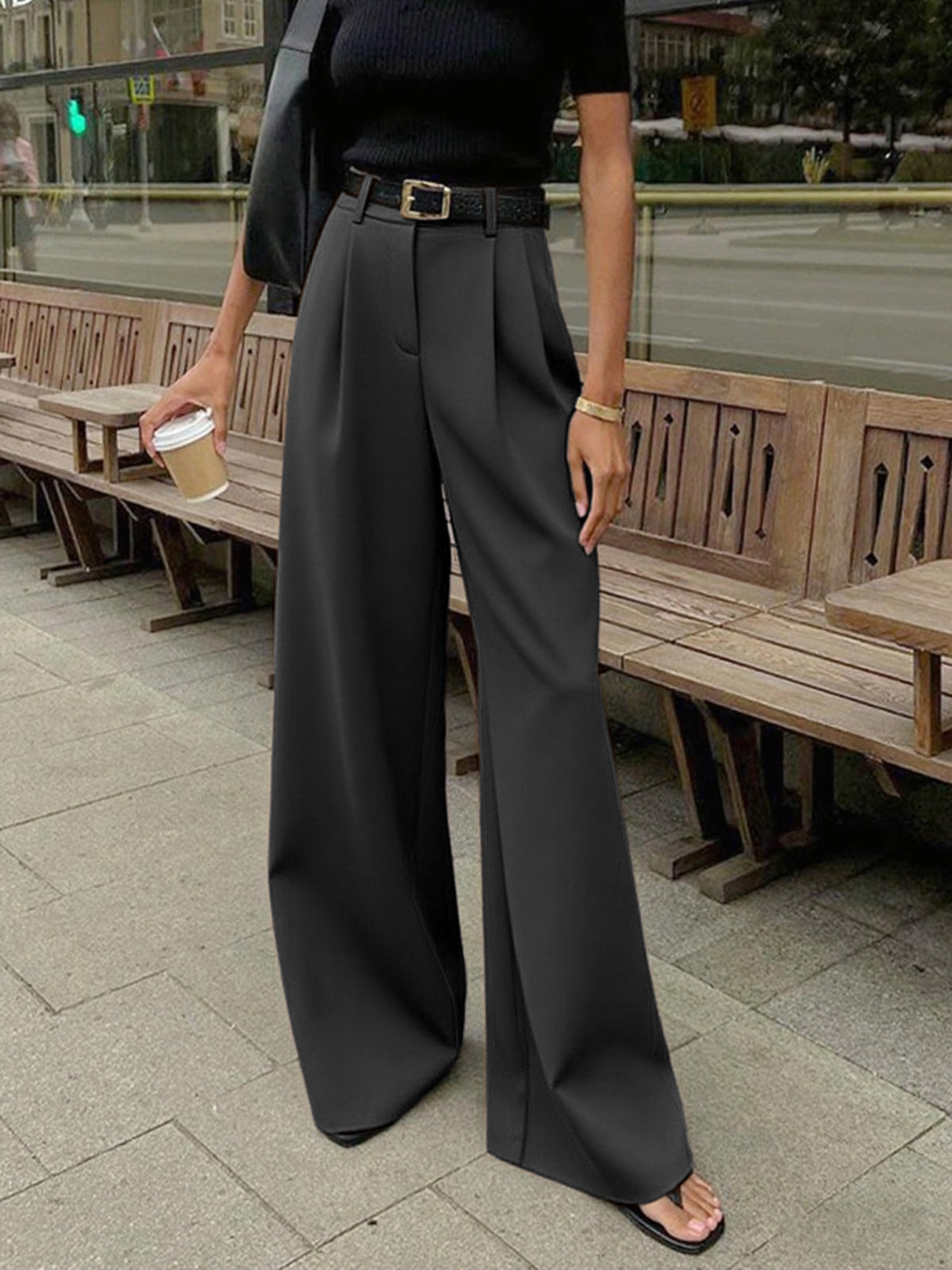 Ladies' high waist wide leg trousers with pleats and straight legs