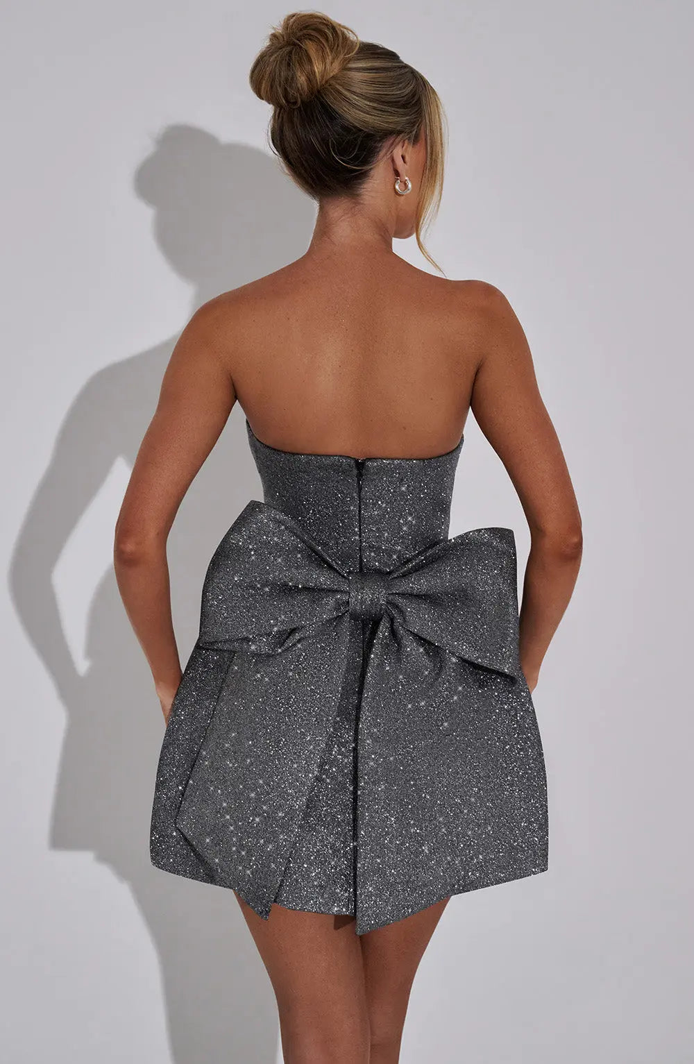Silver Glitter Strapless Mini Cocktail Dress with Large Bow for Women