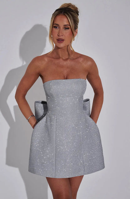 Silver Glitter Strapless Mini Cocktail Dress with Large Bow for Women