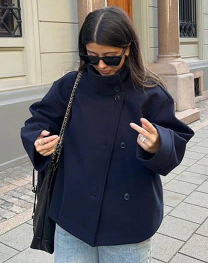 Double-Breasted Ladies Peacoat Jacket in Wool Blend with Wide Sleeves