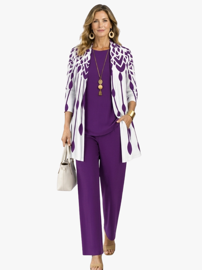 Ladies Three-Piece Set with Top, Trousers and Long Cardigan