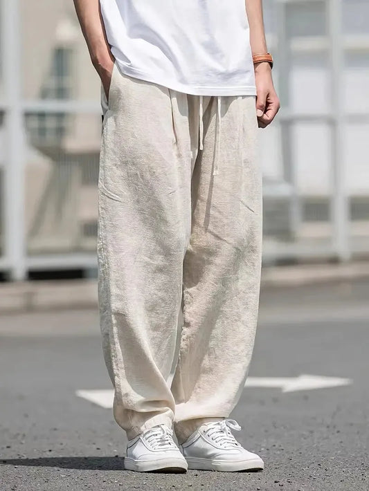 Baggy linen trousers with elastic waistband