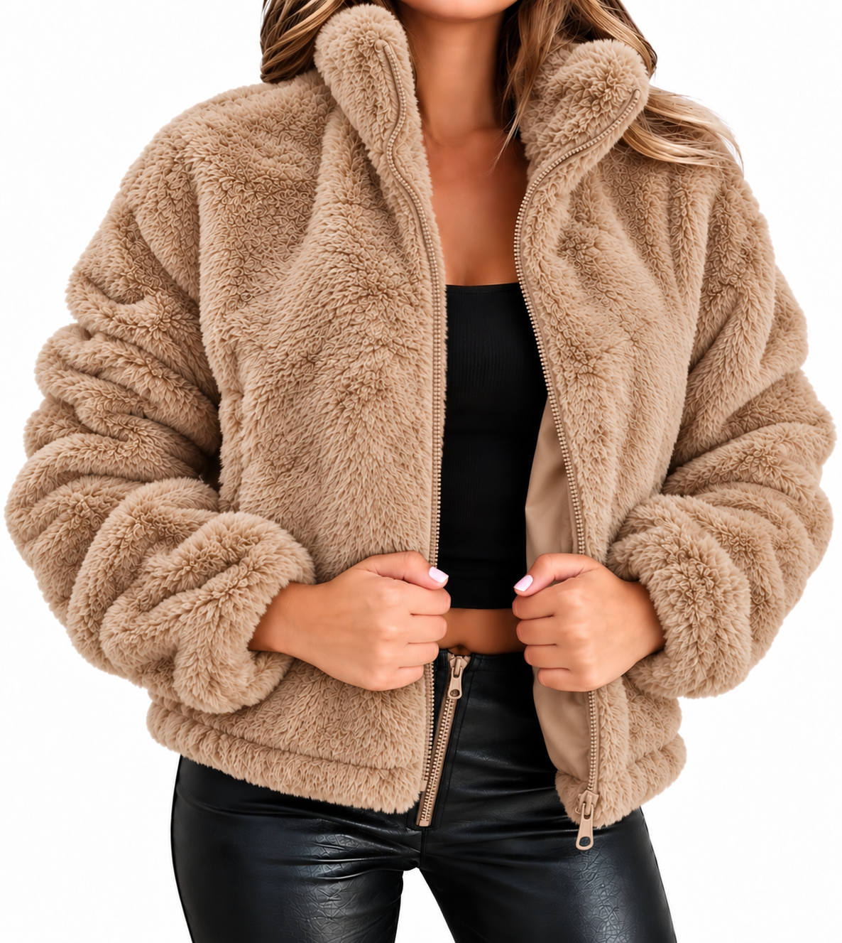 Teddy Fleece Winter Jacket for Women with Zip and High Collar