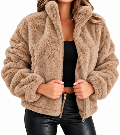 Teddy Fleece Winter Jacket for Women with Zip and High Collar