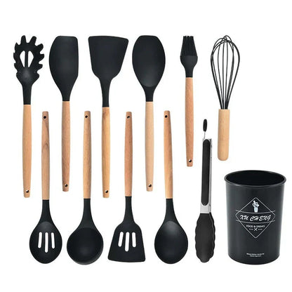 Non-Toxic Silicone Cooking Utensil Set - BPA-Free - Wooden Handles