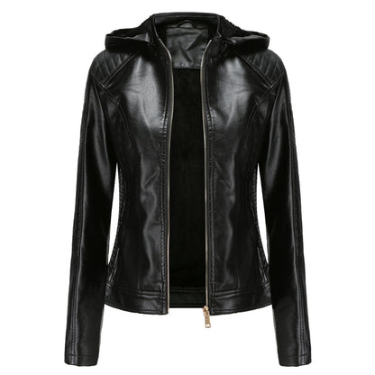 Leather Ladies Jacket with Removable Hood and Zipper