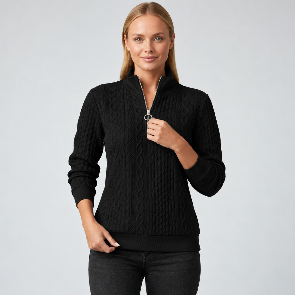Ladies' Classic Cable Knit Jumper with Half Zip and High Collar