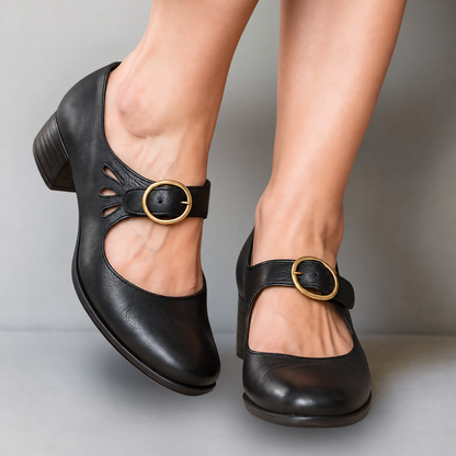 Ladies' Romantic Leather Mary Jane Pumps with Ankle Strap