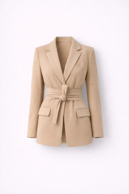 Blazer with Tie Belt and Deep V-Neck