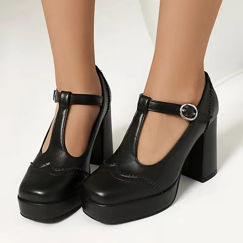 Block heel shoes with ankle strap