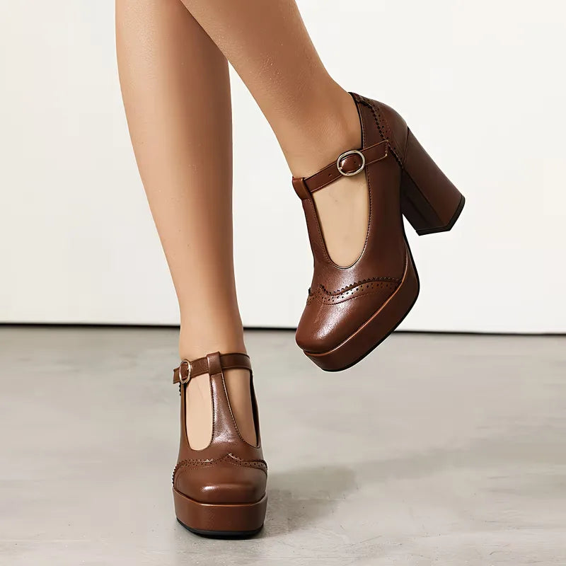Block heel shoes with ankle strap