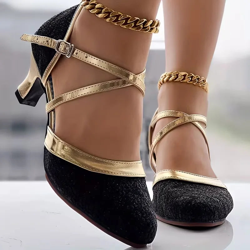 Block heels with golden accents
