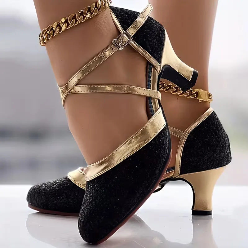 Block heels with golden accents