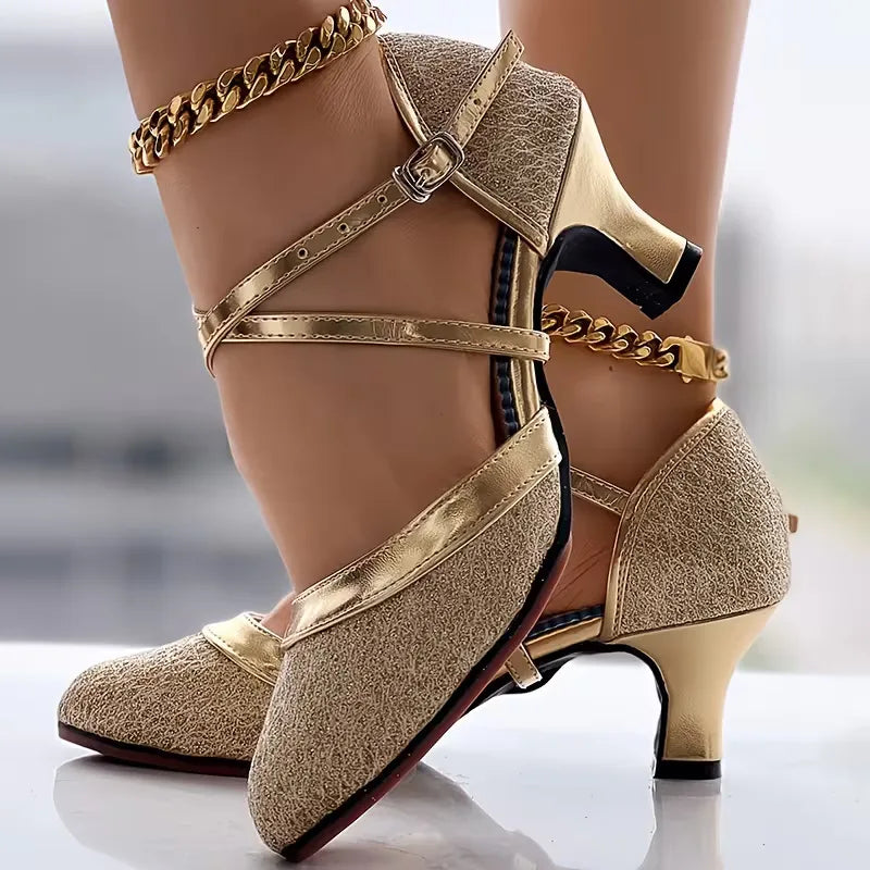 Block heels with golden accents