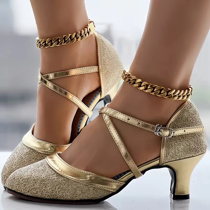 Block heels with golden accents