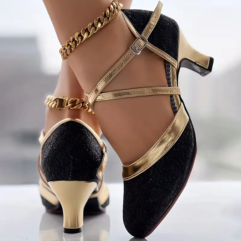 Block heels with golden accents