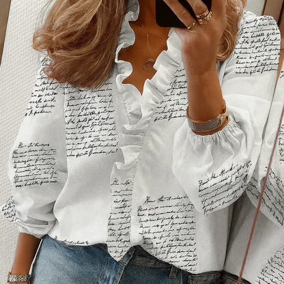Blouse with Blue Ruffles and Puff Sleeves