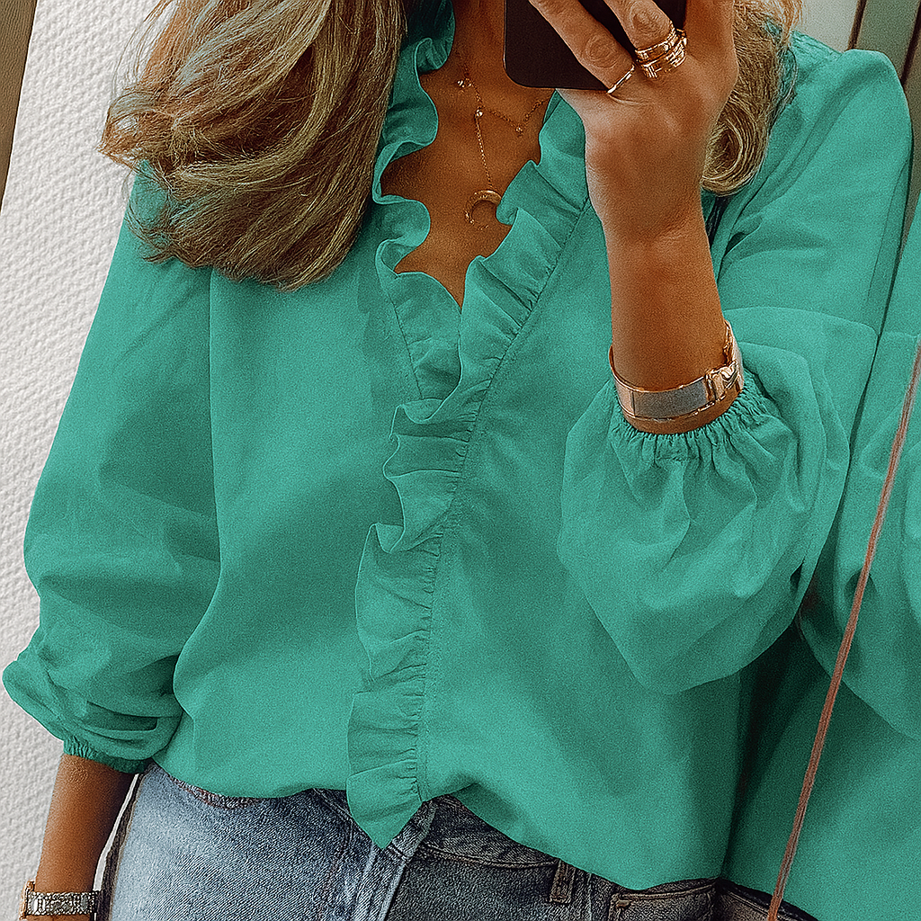 Blouse with Blue Ruffles and Puff Sleeves