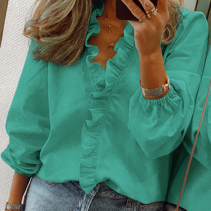 Blouse with Blue Ruffles and Puff Sleeves