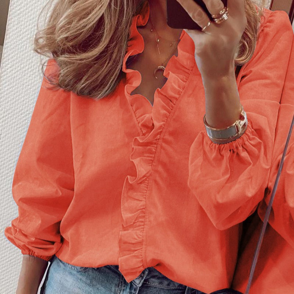 Blouse with Blue Ruffles and Puff Sleeves
