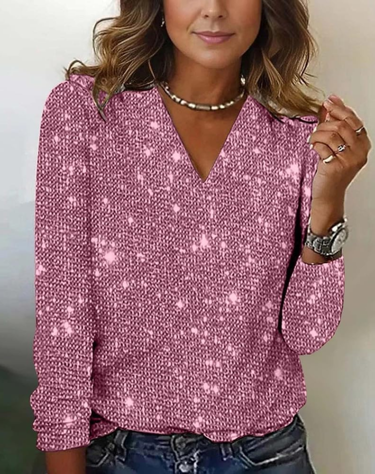 Top glitter da donna a maniche lunghe con scollo a V