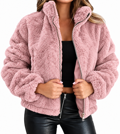 Teddy Fleece Winter Jacket for Women with Zip and High Collar