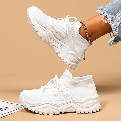 Ladies Trendy Knitted Sock Sneakers with Platform Sole and Laces
