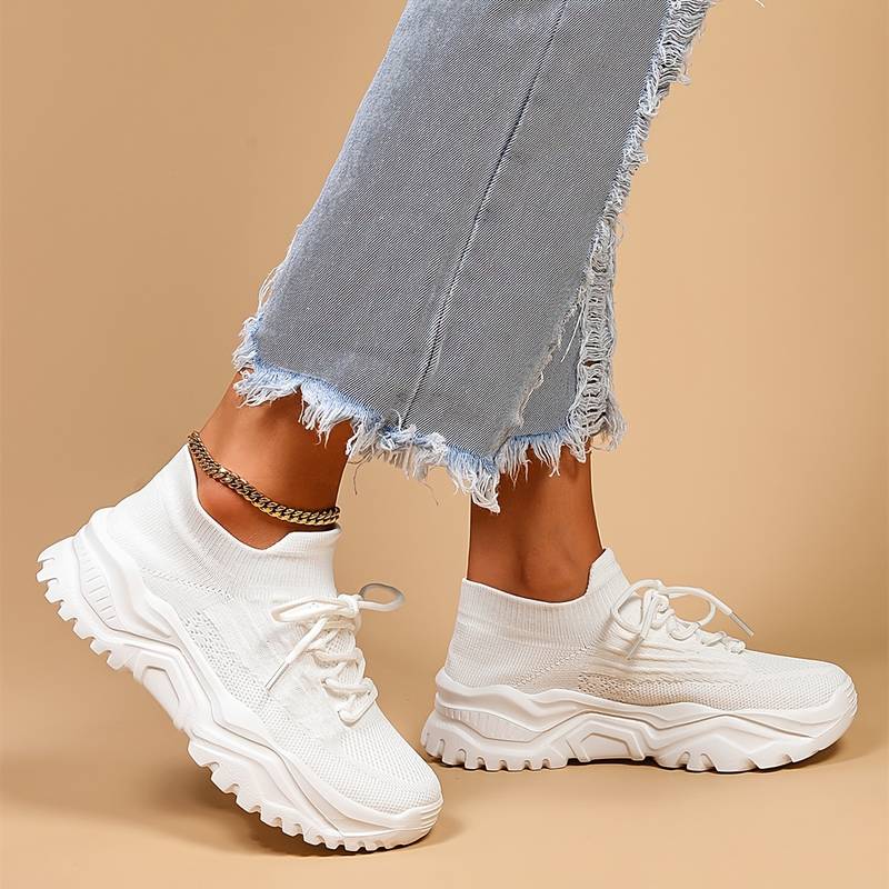 Ladies Trendy Knitted Sock Sneakers with Platform Sole and Laces