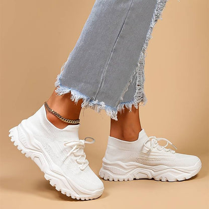 Ladies Trendy Knitted Sock Sneakers with Platform Sole and Laces