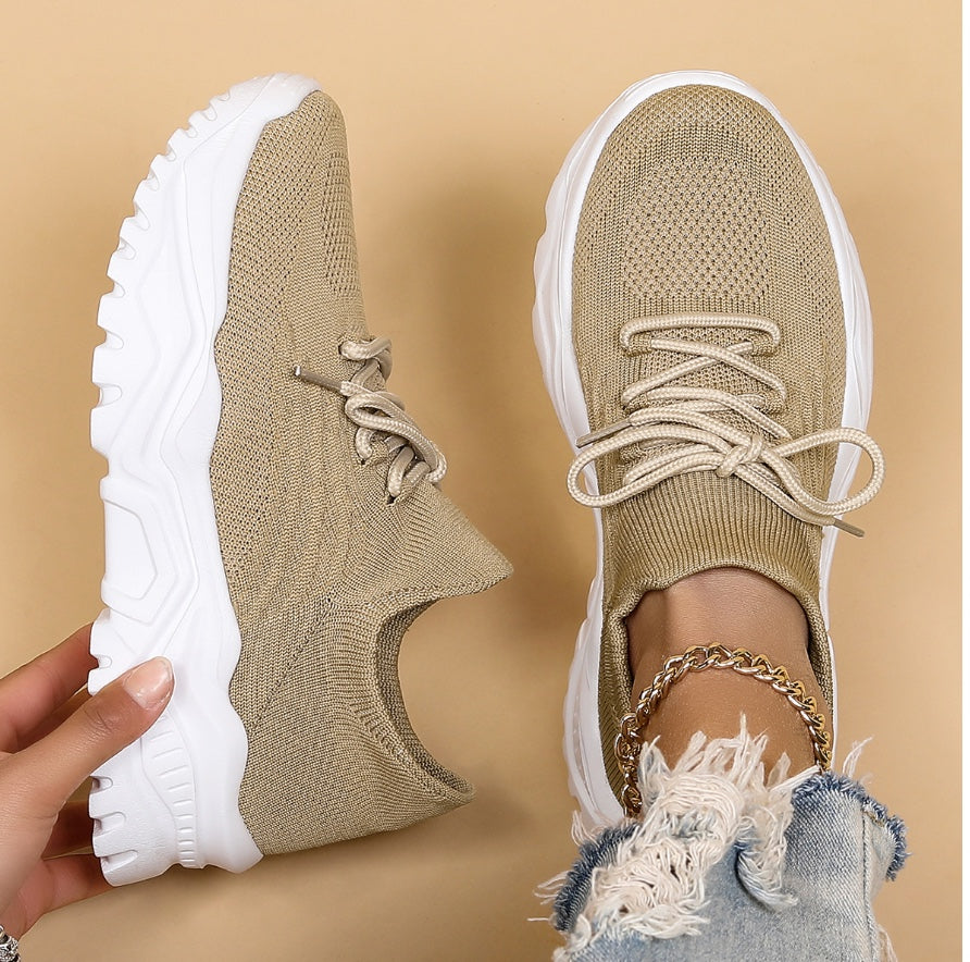 Ladies Trendy Knitted Sock Sneakers with Platform Sole and Laces