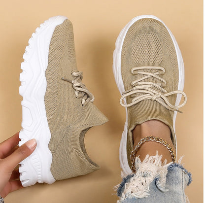 Ladies Trendy Knitted Sock Sneakers with Platform Sole and Laces