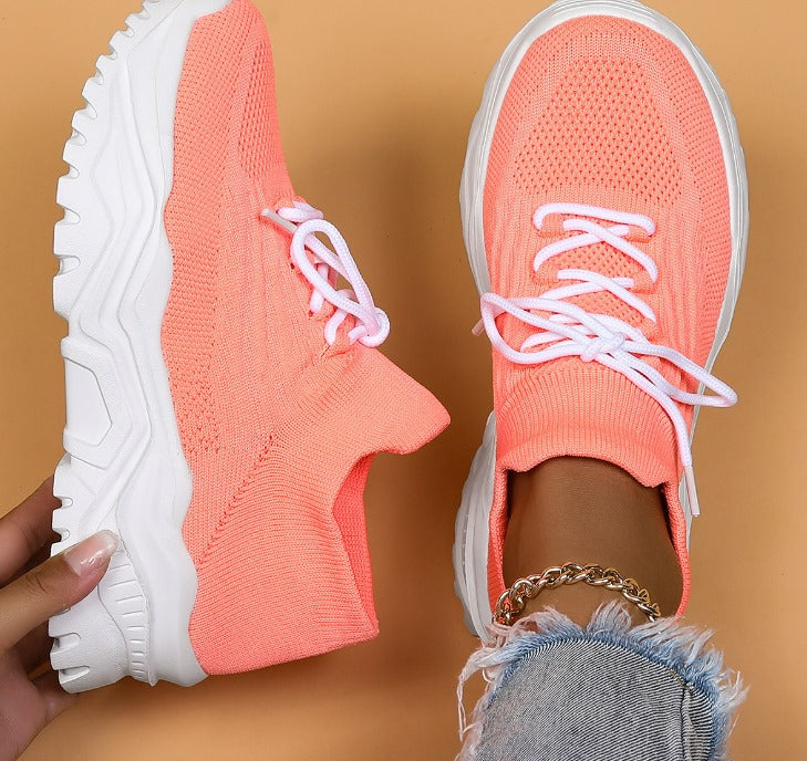 Ladies Trendy Knitted Sock Sneakers with Platform Sole and Laces
