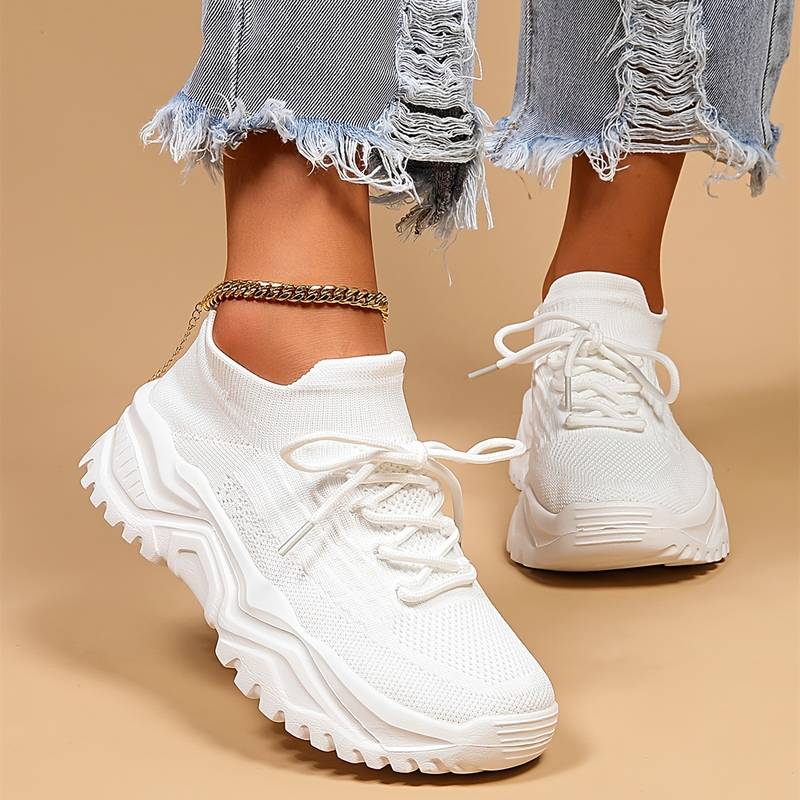 Ladies Trendy Knitted Sock Sneakers with Platform Sole and Laces