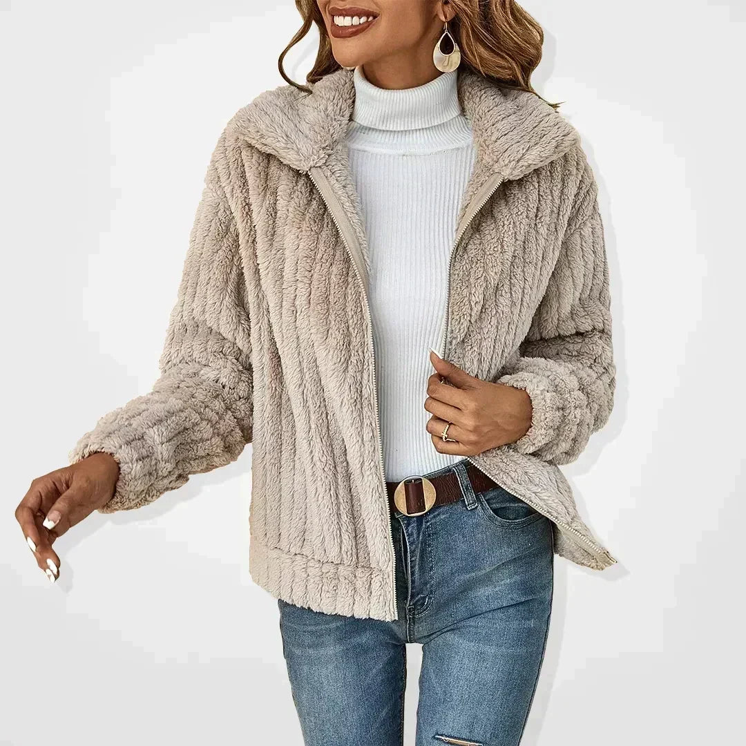 Ladies Trendy Teddy Jacket with Wide Collar and Zip