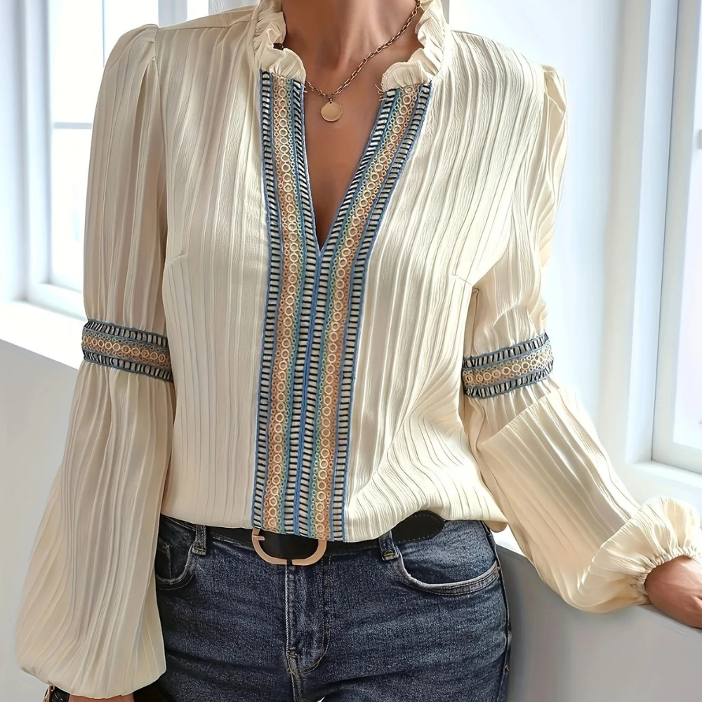 Boho Cream Blouse with Long Sleeves and V-Neck