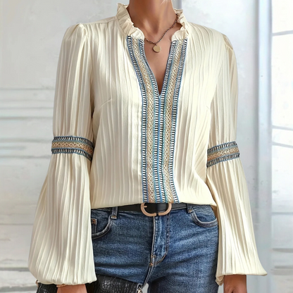 Boho Cream Blouse with Long Sleeves and V-Neck