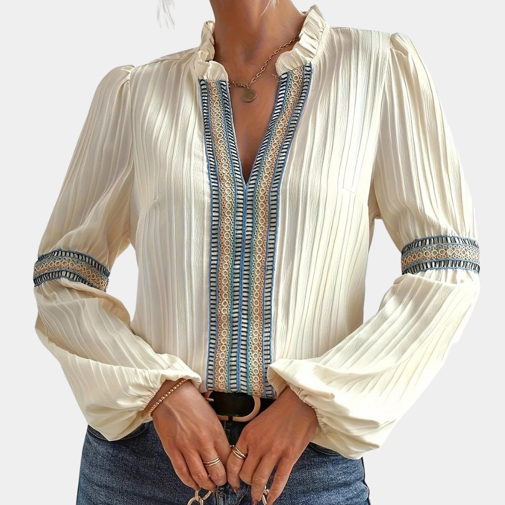 Boho Cream Blouse with Long Sleeves and V-Neck