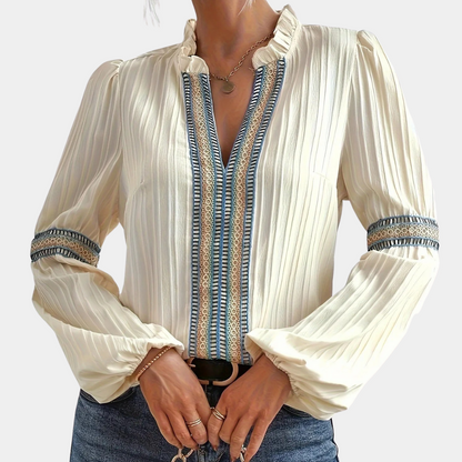 Boho Cream Blouse with Long Sleeves and V-Neck