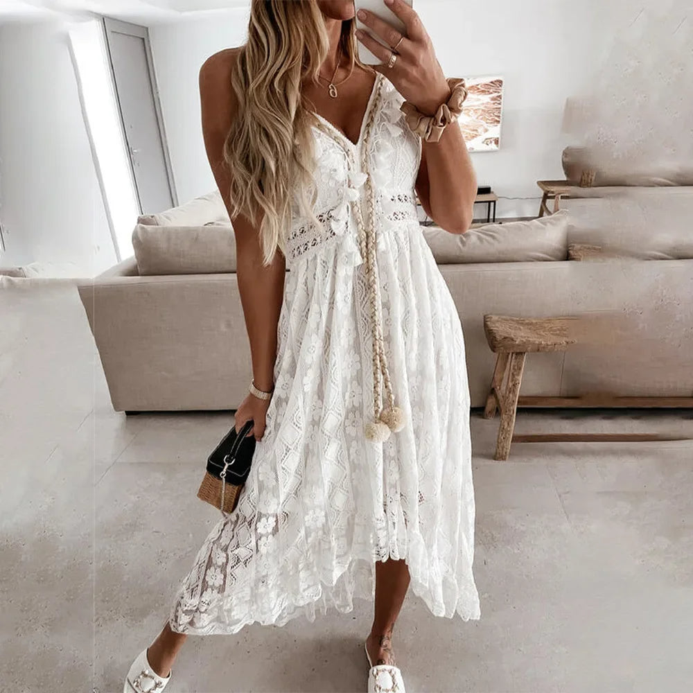 Boho Edge Dress with Tassels and Adjustable Bow Detail