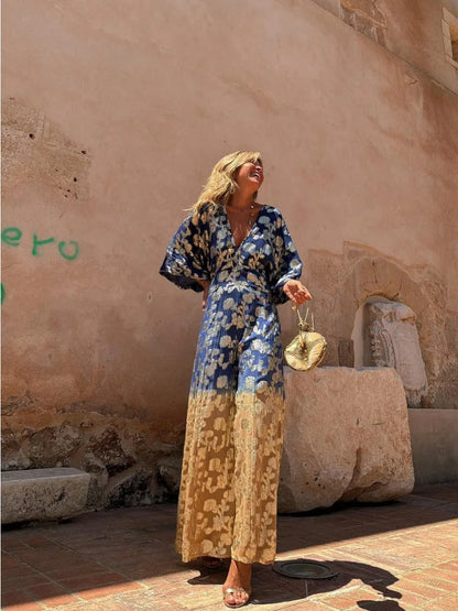 Boho Jumpsuit with Deep V-Neck and Open Back