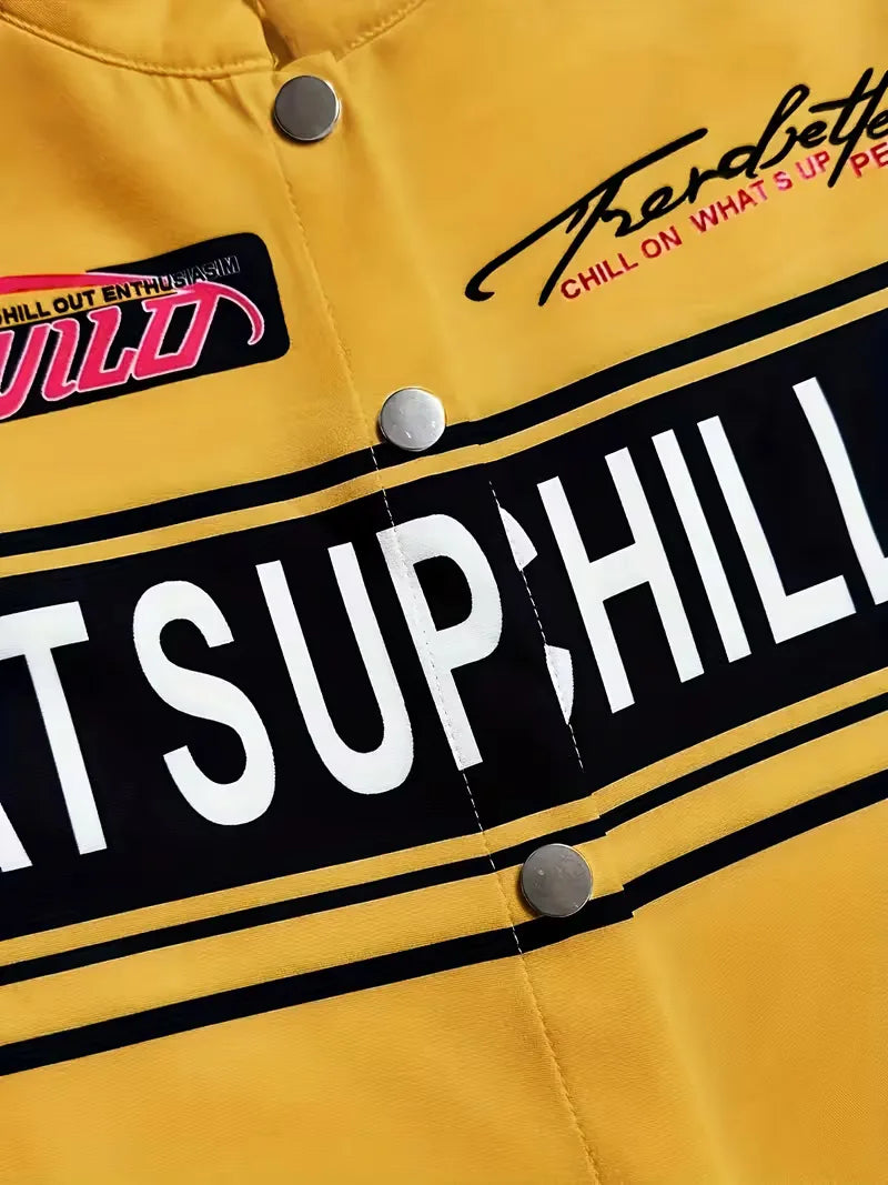 Bomber jacket with graphic text