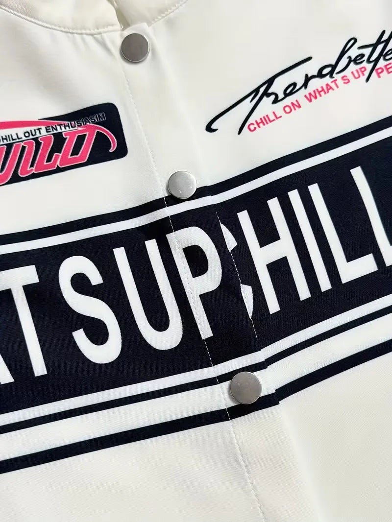 Bomber jacket with graphic text