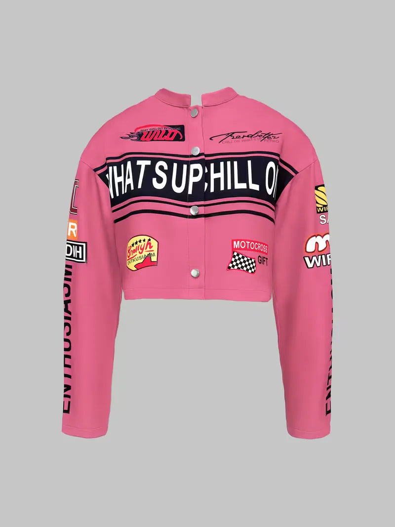 Bomber jacket with graphic text