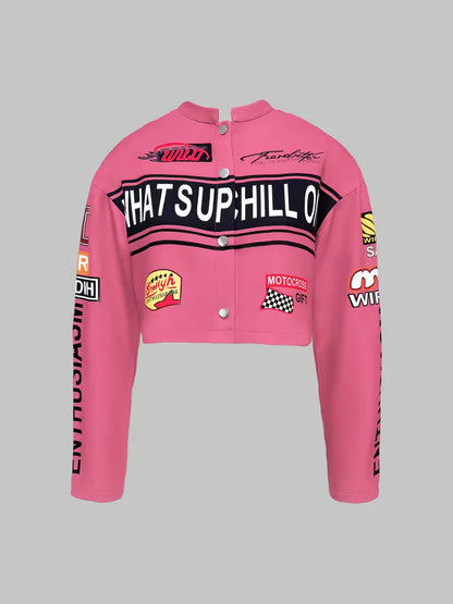 Bomber jacket with graphic text