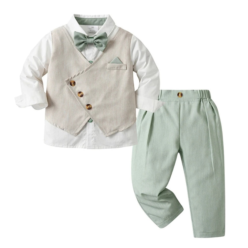 Elegante completo da 3 pezzi per bambino – Camicia blu, gilet e pantaloni con papillon