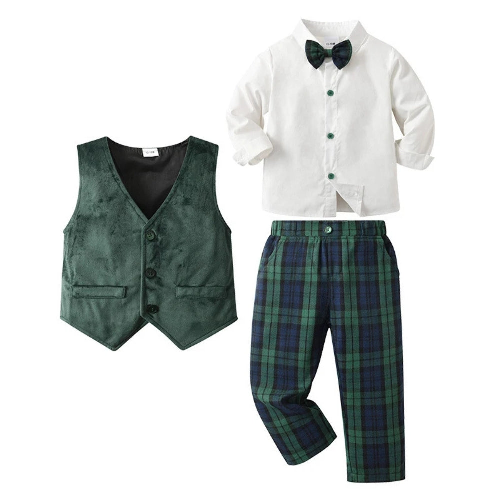 Elegante completo da 3 pezzi per bambino – Camicia blu, gilet e pantaloni con papillon