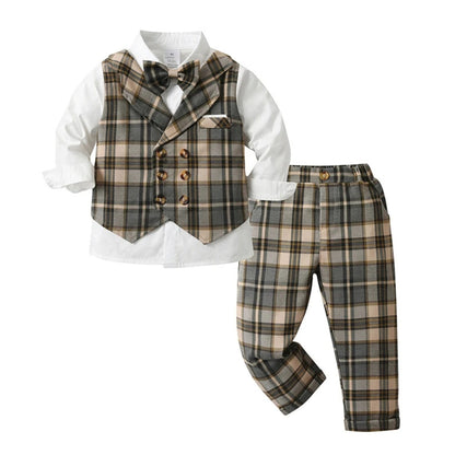 Elegante completo da 3 pezzi per bambino – Camicia blu, gilet e pantaloni con papillon