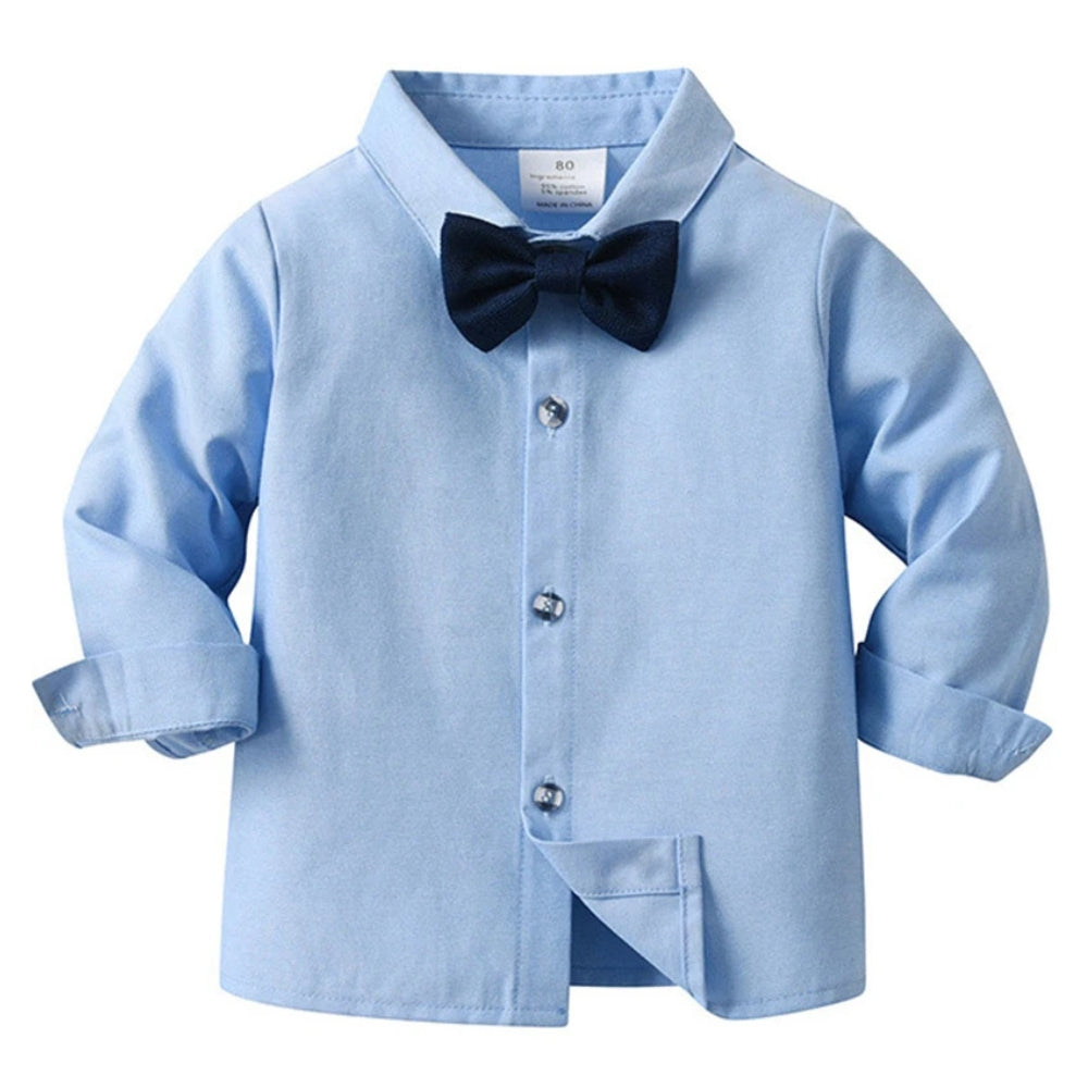 Elegante completo da 3 pezzi per bambino – Camicia blu, gilet e pantaloni con papillon
