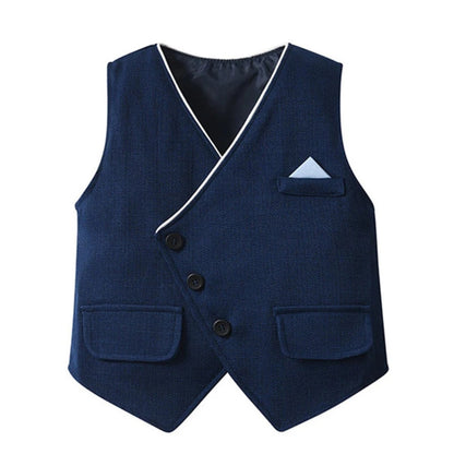 Elegante completo da 3 pezzi per bambino – Camicia blu, gilet e pantaloni con papillon